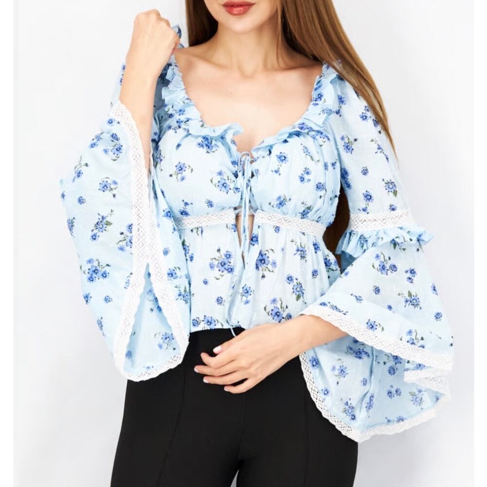 ASOS Blue Floral Peasant Top Bell Sleeves Lace Ruffle 2 Cotton Maiden Cottage